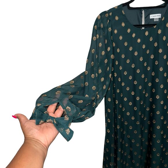 Calvin Klein Green & Metallic Gold Pattern Tie-Cuff Shift Dress Sz 10 NWT - Picture 5 of 13